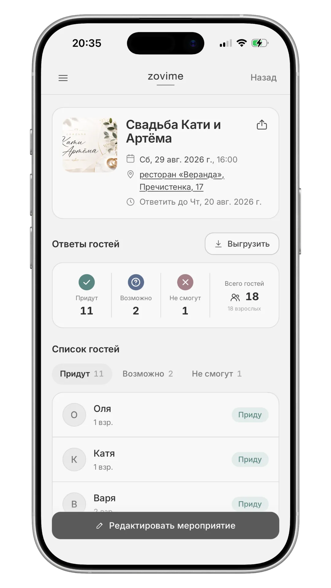 Ответы гостей на свадьбу в кабинете организатора